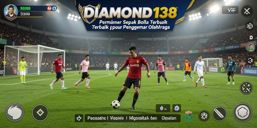 Screenshot gameplay utama DIAMOND138 menampilkan aksi sepak bola yang mendebarkan.