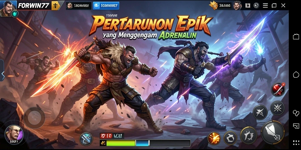 Tampilan gameplay FORWIN77 yang menarik dan mendebarkan saat pertarungan.