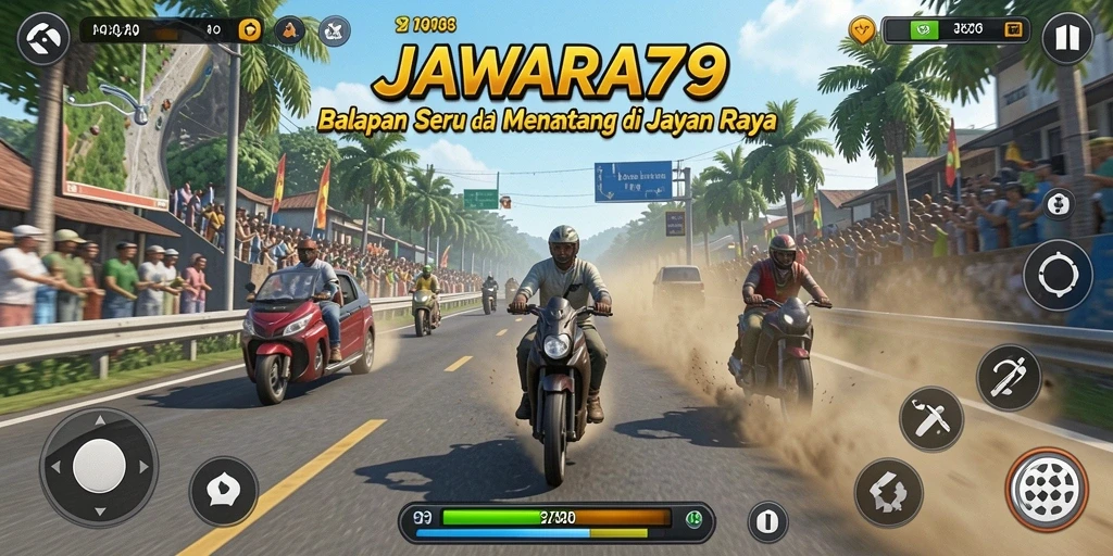 Tampilan utama gameplay JAWARA79 dengan mobil balap di lintasan.