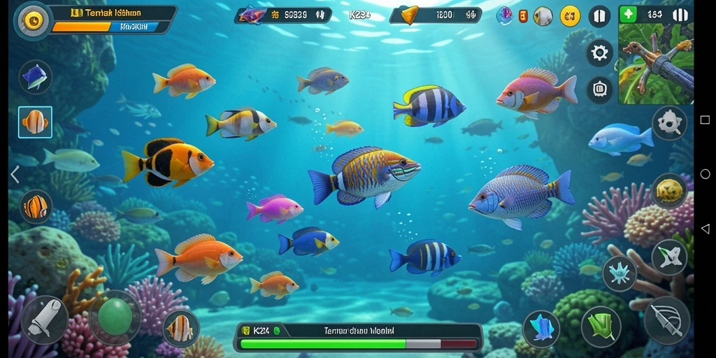 Screenshot gameplay K234 dengan aksi menembak ikan.